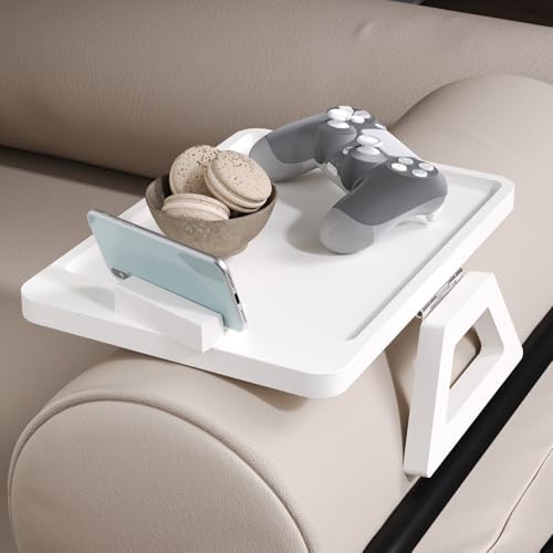 Couch Arm Tray with 360°Phone,Bamboo Folding Sofa Tray,Sofa Armrest Trays Clip-On Couch Desk for Drinks,Snacks,Phone,Remote Control（White） - Image 4