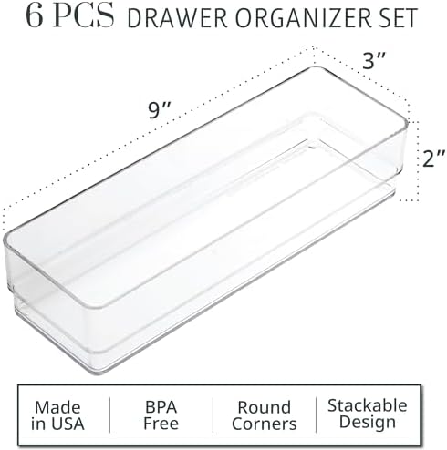 STORi SimpleSort 6-Piece Stackable Clear Drawer Organizer Set | 9" x 3" x 2" Rectangle Trays | Narrow Makeup Vanity Storage Bins and Office Desk Drawer Dividers | Made in USA - Image 2