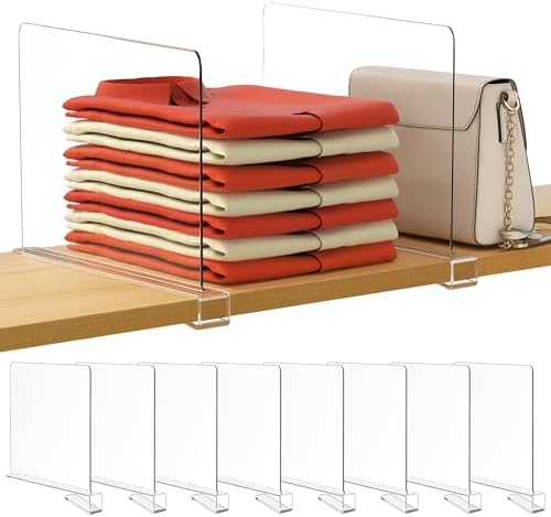 HBlife 12 Inches Tall [Extra Tall Version] Clear Shelf Dividers, 8 Pack Purse Organizer for Closet Perfect for Sweater, Shirts, Handbags, Acrylic Adjustable Bookshelf for Organization by HBlife