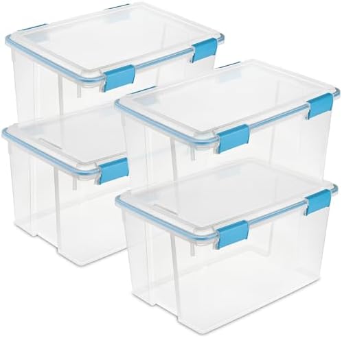 Sterilite 4-Pack 54 Quart Gasket Box, Home Storage Organizer Bins with Lids - Stackable Clear Plastic Containers for Bedroom, Bathroom, Garage, Basement, or Attic by Sterilite