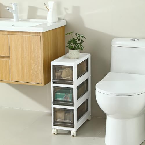 Plastic 3 Drawer Storage Organizer, Narrow Plastic Storage Drawers with Wheels, Storage Cart with Drawers for Small and Narrow Space, 7.87-inch Wide (gray) by SunamonOfficial