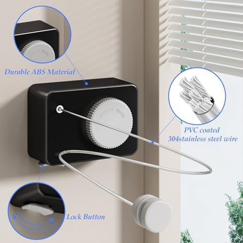 Danpoo Retractable Clothesline Heavy Duty - 13.8ft Adjustable Tension Wall Mounted Indoor Outdoor Clothes Drying Line, Compact Laundry Rope with Pulley System (Black) - Image 3