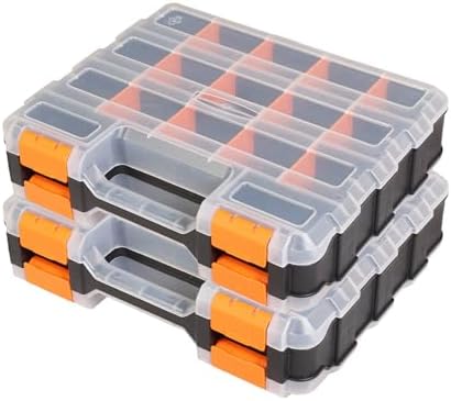 Jack Boss Tool Box with Transparent Lid, Double Side 34-Compartments Organizer Box with Removable Dividers for Hardware, Screws, Bolts, Nails, Beads, Jewelry and Fishing Accessories, Orange, 2 Pack by JACKBOSS