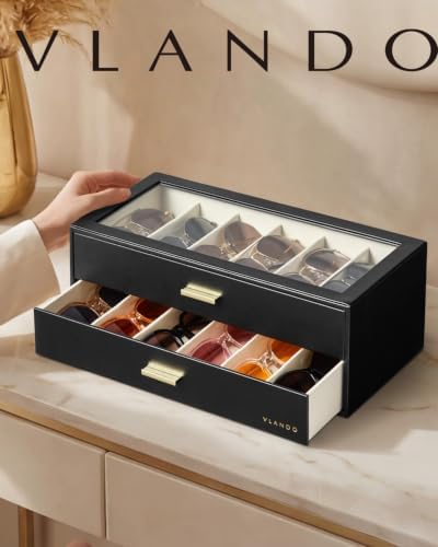 VLANDO 12-Slot Sunglasses Organizer Case with Clear Lid & 2 Drawers,Black - Image 7