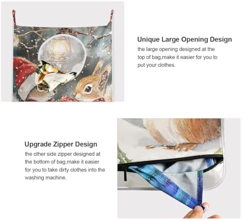 Christmas Squirrels Watercolor White Door Hanging Laundry Hamper Bag with Free Adjustable Stainless Steel Hooks Dirty Clothes Hamper Extra Large Over the Door Laundry Hamper 29.5X20inch 1 PCS - Image 4
