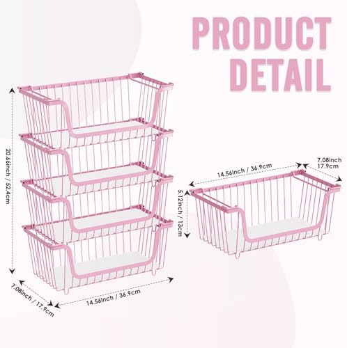4 Pcs Stackable Wire Baskets for Pantry Organizers and Storage, Pink - Image 2