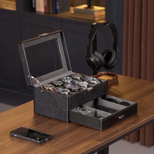 ProCase Premium Watch Box for Men, Jewelry Organizer Box with Drawer, Display Storage Case with Glass Lid -Black, 8 Slot - Image 2