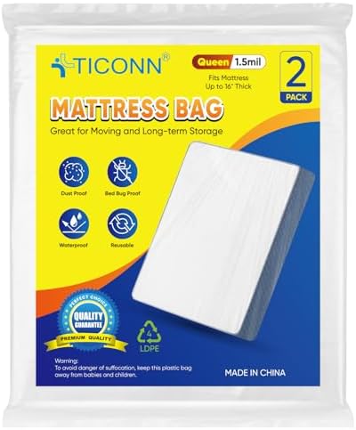 TICONN 2PK Plastic Mattress Bags for Moving, Waterproof Mattress Cover by TICONN