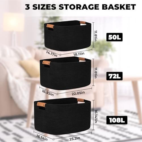 danpinera Large Blankets for Living Room, 72 L Woven Cotton Rope Baskets for Storage, Organizing Kids Toys & Dog Toys, Large Basket Organizer for Nursery, Bedroom, Bathroom, 22’’*17’’*11.8’’ Black - Image 6