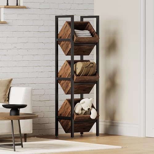 LITTLE TREE 3-Tier Basket Stand, Wooden Floor Stand Shelving Unit, Standing Organizer Storage Rack for Kitchen, Bathroom, Living Room (Rustic Brown, 2) - Image 2