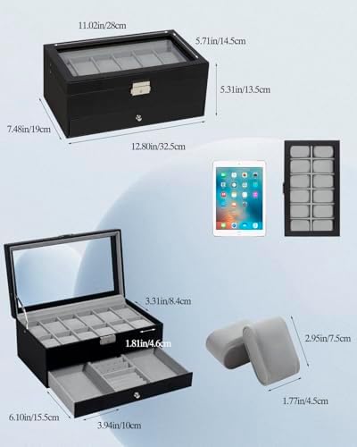 GUKA Watch Box 12 Slot Watch Display Organizer Leather Jewelry Case Drawer Glass Birthday for Men Women, Child Husband Dad GK-012BKGREY-LED-24 - Image 6