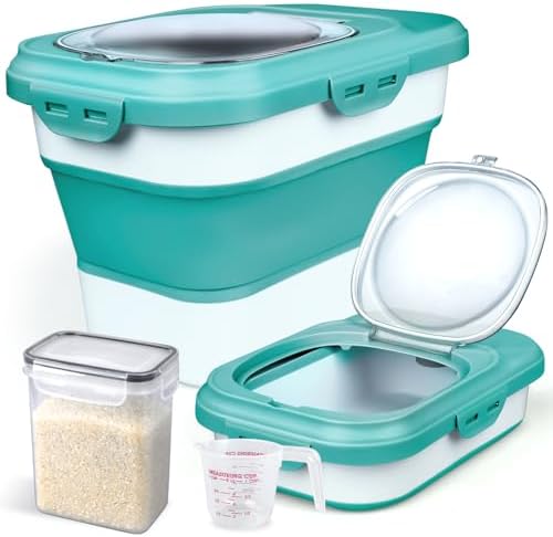Komzon Rice Storage Container, Collapsible Airtight Food Storage Containers 6-20 Lbs, Rice Dispenser with Measuring Cup and Small Bin for Flour Cereal Pasta Grain, Cat Pet Dog Bird Food Container by Komzon