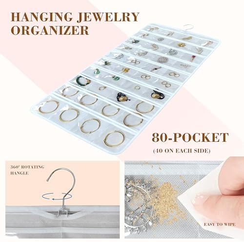 80 Pocket Hanging Jewelry Organizer with Hanger Metal Hooks Storage On Wall Door Closet Double-Sided(Each Side 40 Pockets) Jewelry Holder for Earrings, Necklaces, Rings (White+White) - Image 6