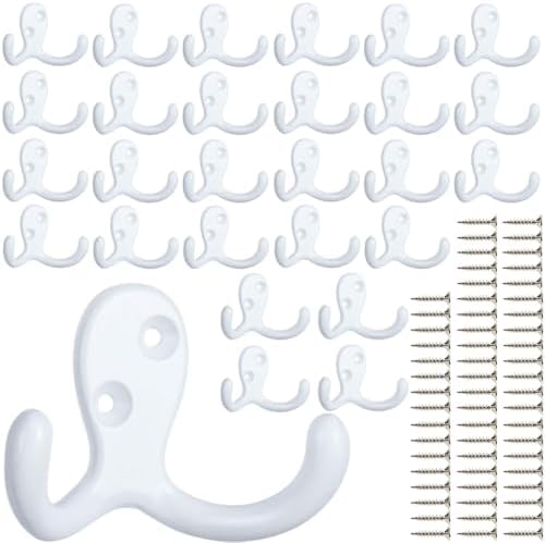 IBosins 28 Pack White Double Prong Coat Hooks Wall Mounted with 56 Screws by IBosins