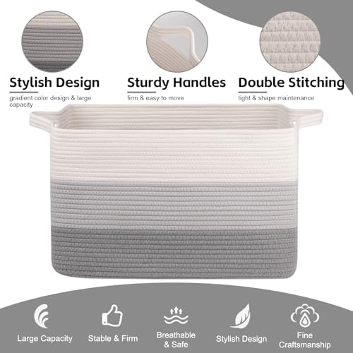 OIAHOMY Extra Large Blanket Basket, 95L Cotton Rope Woven Laundry Basket, Toy Bin for Baby Room, Container for Blanket Storage in Living Room, 24''×17''×14'', Gradient Grey - Image 6
