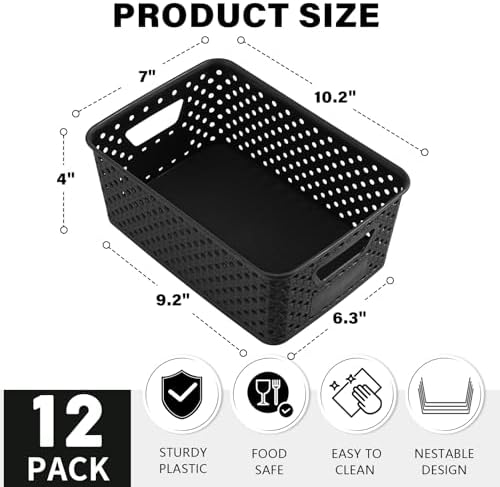 12 Pack Plastic Storage Baskets for Organizing, Storage Baskets for Shelves with Handles, Small Storage Bins with Labels, Classroom Storage Organization for Cabinet,Closet, Office,Black - Image 2