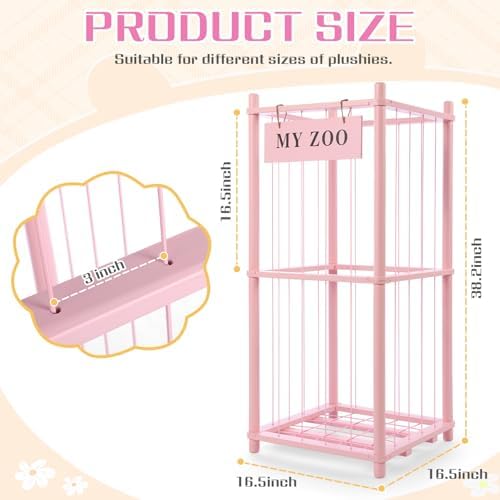 GLDZI Stuffed Animal Storage Zoo, Wooden Stuffed Animal Organizer with Elastic Cords for Boys Girls, Space Saving Toy Plushies Storage Holder for Playroom, Bedroom, Living Room (Pink, Small) - Image 2