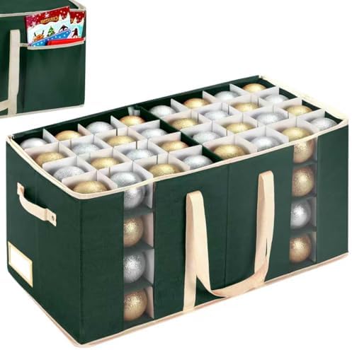 JY COOKMENT Christmas Ornament Storage Box with Adjustable Dividers and Side Pockets, Large Ornaments Storage Container Bin with Zippered Top for Xmas Decorations (128-3" Balls, Green, Without Tray) by JYCOOKMENT