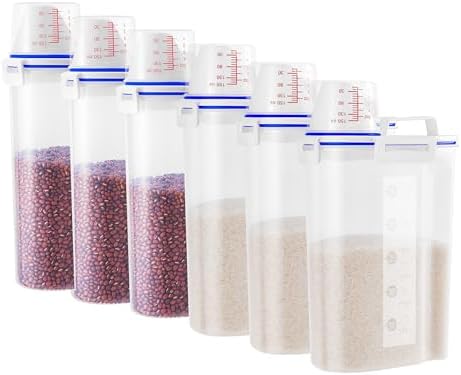 6 Pcs Set Rice Storage Container, Flour Dispenser with Pouring Spout & Measuring Cup, Kitchen Plastic Dry Food Storage Bin for Grain Oatmeal Snacks Pet Dog Food by HNNJCK