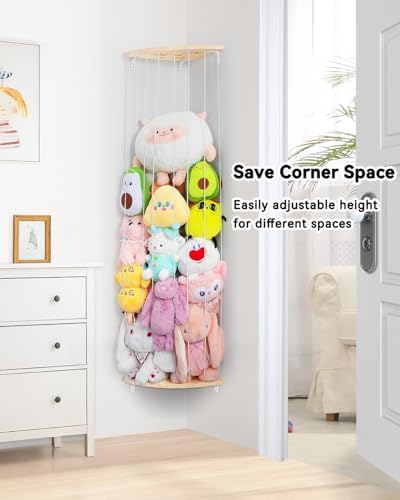 Wooden Stuffed Animal Storage Corner, Height Adjustable Plush Toy Organizer, Wall Mount Stuffed Animal Holder for Kids Room Playroom Nursery - Image 4