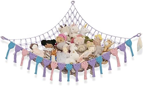 Abby Baby Extra Large Stuffed Animal Storage Hammock Corner with LED Lights – 25LB Capacity Hanging Toy Net for Small or Large Plushies, Boho Macrame Squishmallow, Plush Net, Purple by AbbyBaby