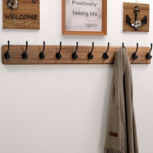 Dseap Wall Mounted Coat Rack: 38-1/4" Long, Patented, Heavy-Duty, 10-Double-Hooks Wooden Hanger Rail for Winter Coats, Hats, Jackets, Clothing - Natural & Black, Pack of 2 - Image 7