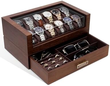 KAMIER High End Watch Box for Men, 12 Slot Wooden Watch Case With Drawer by KAMIER