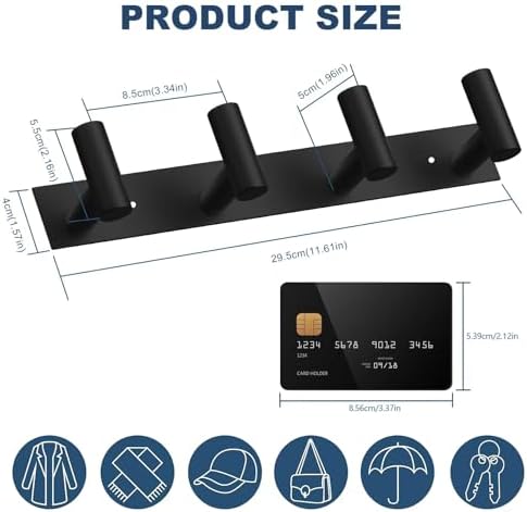 VAEHOLD Hat and Coat Wall Mount Rack - 4 Hooks for Robes, Bags, Keys, and Towels - Bathroom Towel Hanger Organizer -Black - Image 2