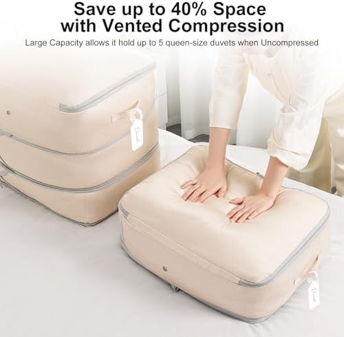 Comforter Storage Bag - Large Capacity Blanket Storage Bags 3-Layer Ultra Space Saving Self Compression Organizer, Washable Compression Bags for Storage Comforter Blanket, 2-Pack, Beige - Image 3