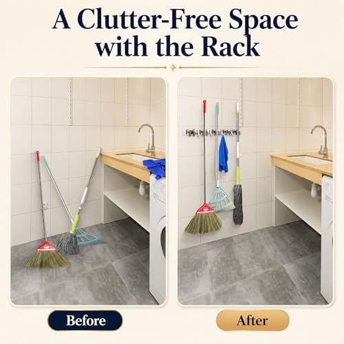 voze 5 Racks and 4 Hooks Mop and Broom Holder Wall Mount, Self Adhesive Heavy Duty Broom Hanger Organizer Storage Tool Racks for Kitchen Garden Laundry Garage - Image 3