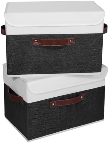 ANMINY Fabric Storage Box Bins with Lids, Black White, 15"x10"x10", 2 Pack - Image 2