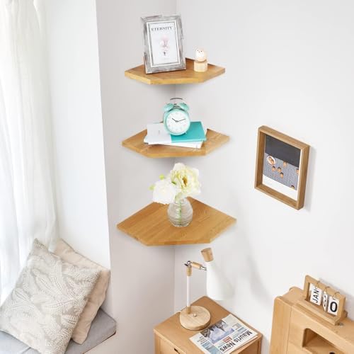 Corner Wall Shelves Set 2 Wire Hole Solid Oak Wood Display Shelf ,Natural - Image 2
