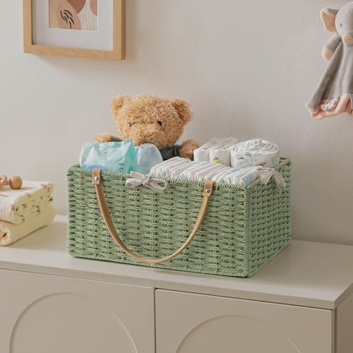 HBlife Large Baby Diaper Caddy Organizer Green, Paper Rope Storage Baskets Nursery Bin with Removable Divider, Portable Car Organizer for Diapers, Baby Shower Gifts, Newborn Essentials Must Haves - Image 4