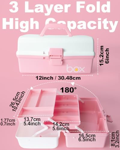 TERGOO 12in 3-Layer Plastic Craft Organizers and Storage, Portable Folding Tackle Box with Handle & Adjustable Dividers, Multipurpose Case for Sewing, Art Supplies, Medicine, Tools (White Pink) - Image 2