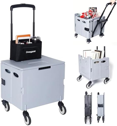 Collapsible Rolling Crate, Folding Utility Cart with 2 Lockable 360° Swivel Wheels & Lid, Portable Shopping Trolley for Grocery, Camping, Teacher, Office by Unknown