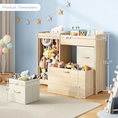 EXPERLAM Toy Storage Organizer with Stuffed Animal Holder, Solid Wood Kids Toy Shelf with 2 Drawers, Rolling Toy Chest and Top Rack, Plush Toy Storage for Bedroom, Playroom, Nursery - Image 2