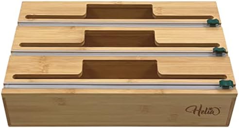 HELIA Bamboo Kitchen Wrap Organizer | Wall Mounting Solid Bamboo Foil and Plastic Wrap Dispenser with Sliding Cutters | Aluminum Foil and Plastic Wrap Dispenser with Cutter by Helia