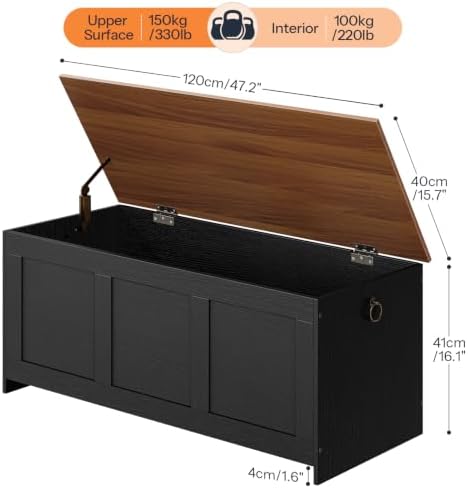 HOOBRO 47.2" Large Storage Bench, Retro Storage Chest with Safety Hinge, Wooden Storage Trunk, Toy Chest with Lift Top for Bedroom, Living Room, Entryway, Black and Walnut BH412CW01 - Image 3