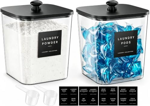 Moforoco 2 Pcs Laundry Pods Container, Clear Laundry Room Organization Containers,Large Detergent Powder Storage, Black Wooden Lids & Labels by MOFOROCO