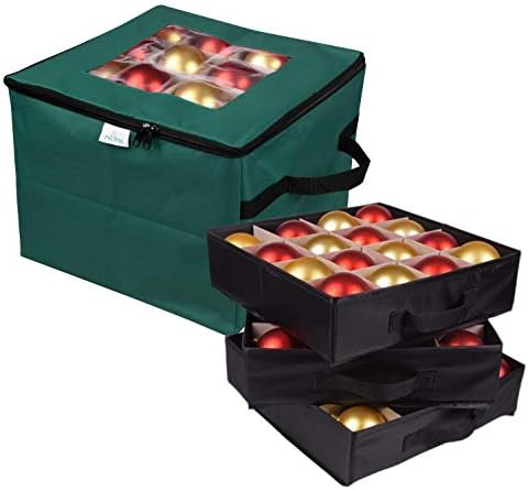 ProPik Christmas Ornament Storage Box, Organizer Holds Up to 48 Xmas Balls with 3 Separate Removable Trays, Container has Dividers to Organize Holiday Tree Ornaments (Green) by ProPik