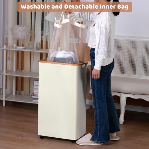 IEGrow Laundry Hamper with Wheels 110L Clothes Basket for Laundry,Beige - Image 4