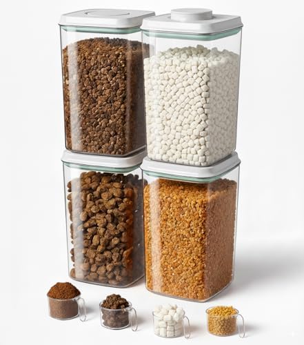 Dog Food Storage Container with 130ml Scoop – 4L/4.2qt Airtight Dog Food Container for Kibble & Treats, BPA-Free Cat Food Storage Container, Stackable Pop Lid Plastic Container with Lid (4.2Qt*4) by ANKOU