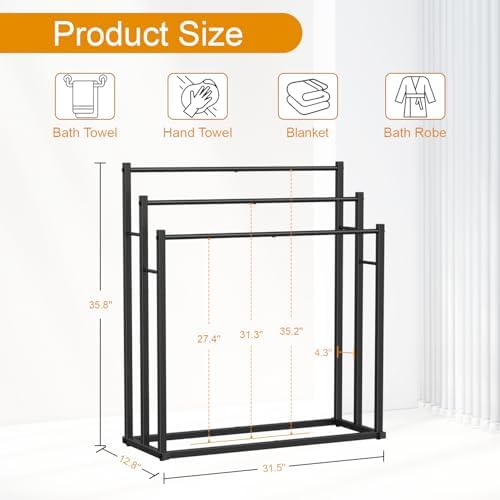 Honiter Towel Racks for Bathroom, 3 Tier Wide Towel Drying Rack Outdoor, Free Standing Towel Rack, Pool Towel Blanket Stand and Display Rack for Oversized Bath Towels, Black - Image 3