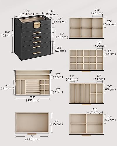 SONGMICS Jewelry Box Organizer, 6-Layer Storage with 5 Drawers, Glass Lid - Image 5