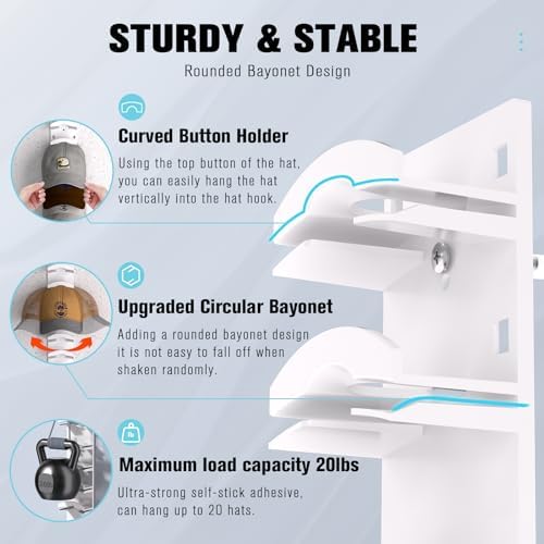 Hat Organizer for Baseball Caps 2Pack, Hat Rack for Wall with Strong Adhesive Hold up to 20 Hats, Hat Hanger Holder Display for Door Closet, Cap Organizer Storage Multilayer Two Mounting Option(White) - Image 3