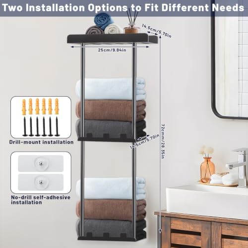 Towel Racks for Bathroom, Towel Holder Bathroom Towel Storage Wall Mounted Towel Rack with Shelf Can Holds 6 Large Towels, Wall Towel Rack for Rolled Towels, Black - Image 3