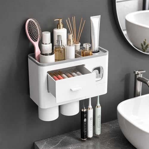 Toothbrush Holders Bathroom Accessories with Toothpaste Dispenser, 2 Cups Toothbrush Holder Wall Mounted Bathroom Decor (Grey and White - Image 2