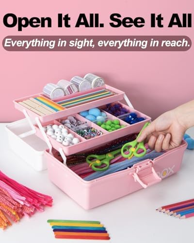 TERGOO 12in 3-Layer Plastic Craft Organizers and Storage, Portable Folding Tackle Box with Handle & Adjustable Dividers, Multipurpose Case for Sewing, Art Supplies, Medicine, Tools (White Pink) - Image 5