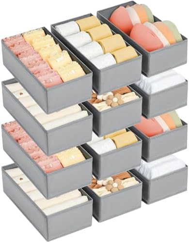 DIMJ Drawer Organizer Clothes - Underwear Organizer Small Sock Organizer Closet Organizers and Storage Box Dresser Drawer Dividers for Baby Clothes,Bra,Socks, Belt, Tie, Set of 12, Grey by DiMJ