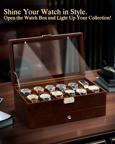 GUKA Watch Box 12 Slot Watch Display Organizer Leather Jewelry Case Drawer Glass Birthday for Men Women, Child Husband Dad GK-012-BROWN-LED-24 - Image 2